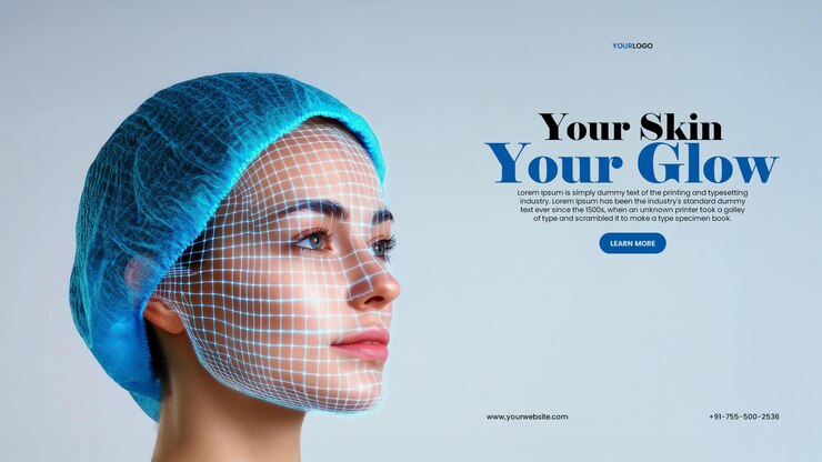 PSD modello di banner di dermatologia medica con laser con paziente femminile con capelli blu e pelle chiara in una clinica di bellezza medica