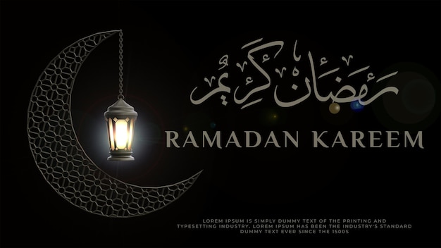 Modello di banner di sfondo ramadan kareem islamico con moschea di rendering 3d 3d luna crescente e lanterna
