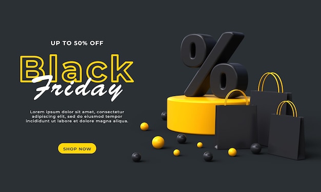 Modello di banner di vendita del black friday 50 percento di sconto 3d rendering