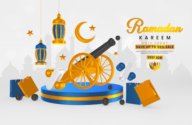 Modello di banner di vendita di Ramadan Kareem con composizione creativa di oggetti 3d