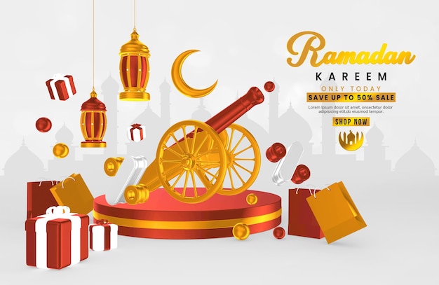 Modello di banner di vendita di Ramadan Kareem con composizione creativa di oggetti 3d