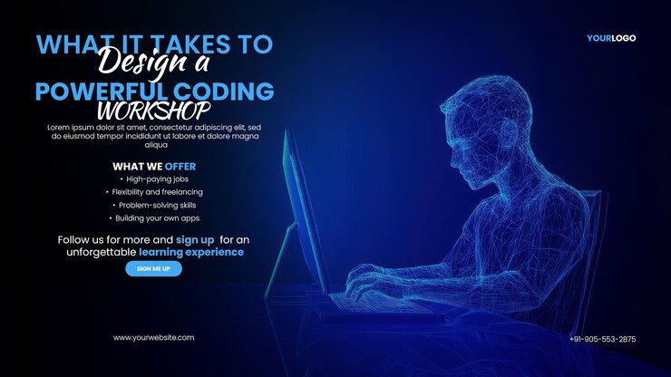 PSD modello di banner di workshop virtuale di apprendimento online con umano digitale che lavora su un computer