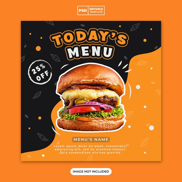 Modello di banner instagram di promozione sui social media del menu di hamburger e cibo