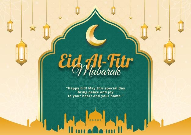 Modello di banner islamico premium per l'Eid al Fitr in paesaggio verde e oro