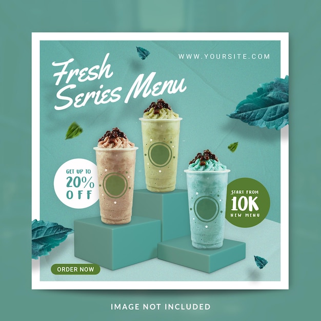 Modello di banner o post sui social media per la promozione del menu di bevande con succo di natura fresca