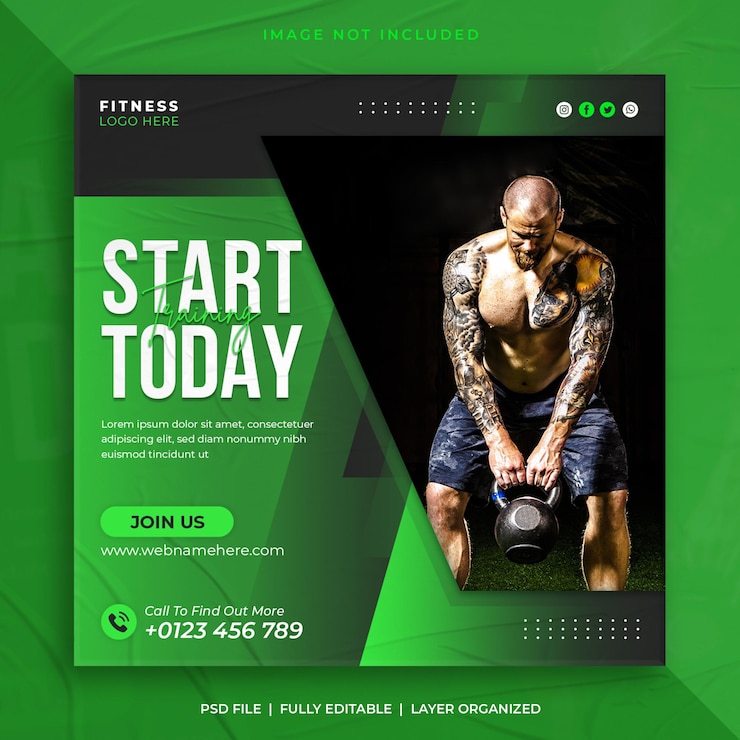 Modello di banner o volantino quadrato per post sui social media promozionali per palestra e fitness