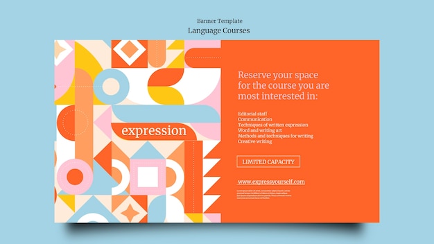 Modello di banner orizzontale per classi di lingua straniera con forme geometriche