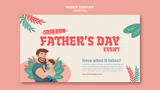 Modello di banner orizzontale per la festa del papà con cartone animato padre e figlio