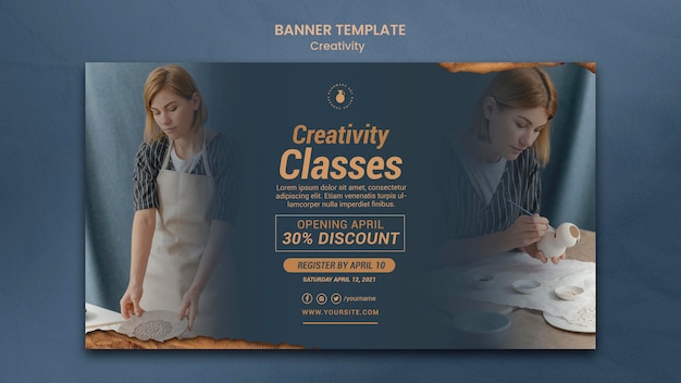 Modello di banner orizzontale per laboratorio di ceramica creativa con donna