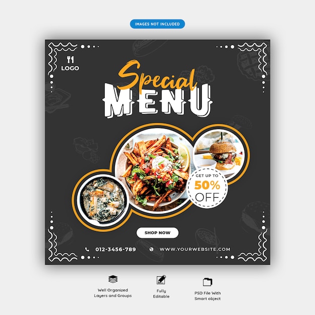 Modello di banner per i social media del menu alimentare e del ristorante