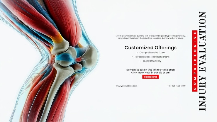 PSD modello di banner per la prevenzione delle lesioni della sindrome del tunnel carpale con illustrazione dettagliata dell'articolazione del ginocchio con lesioni muscolari e ossee colorate e trattamento degli incidenti