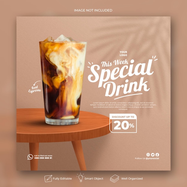 Modello di banner per la promozione del menu delle bevande della caffetteria sui social media Instagram