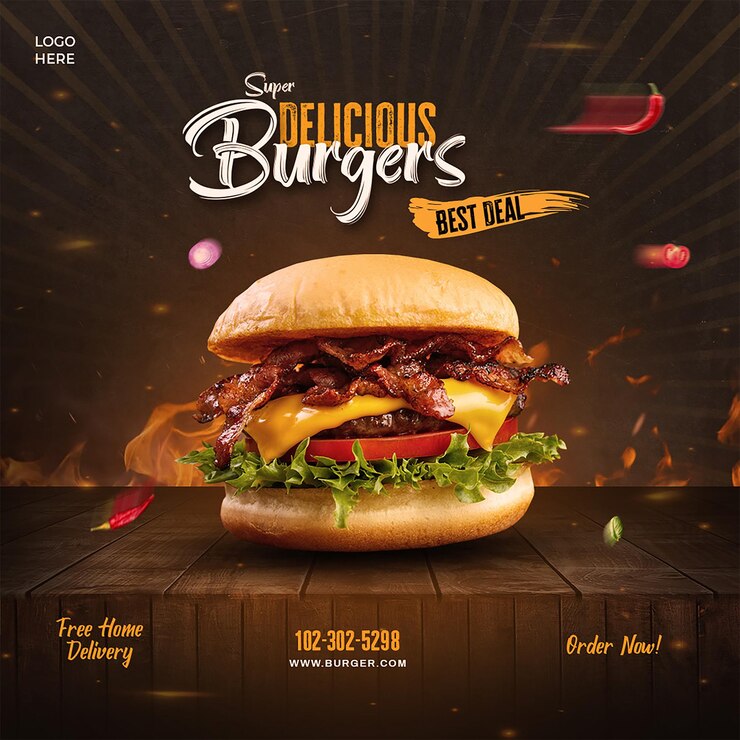 Modello di banner per social media con menu delizioso di hamburger e cibo