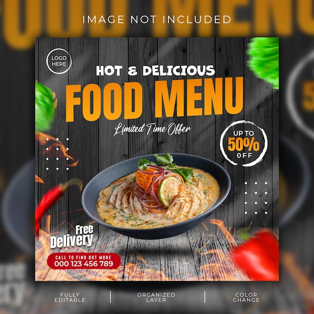 Modello di banner per social media del menu di zuppa e cibo deliziosi