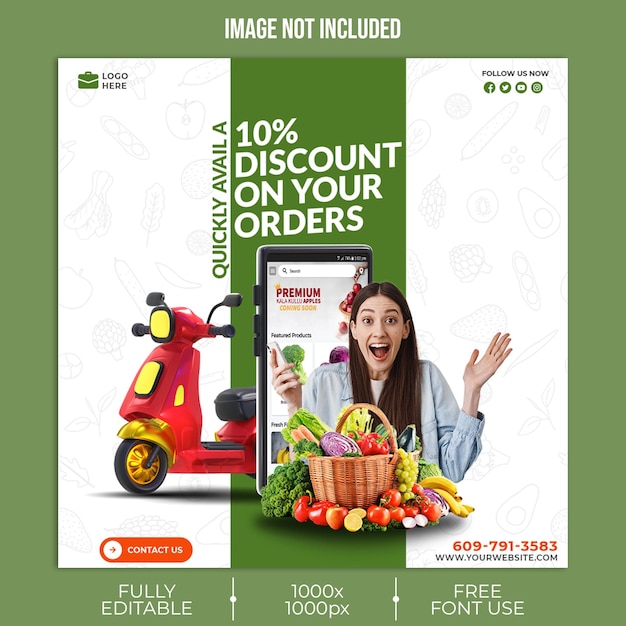 Modello di banner per social media per la promozione della consegna di frutta e verdura PSD