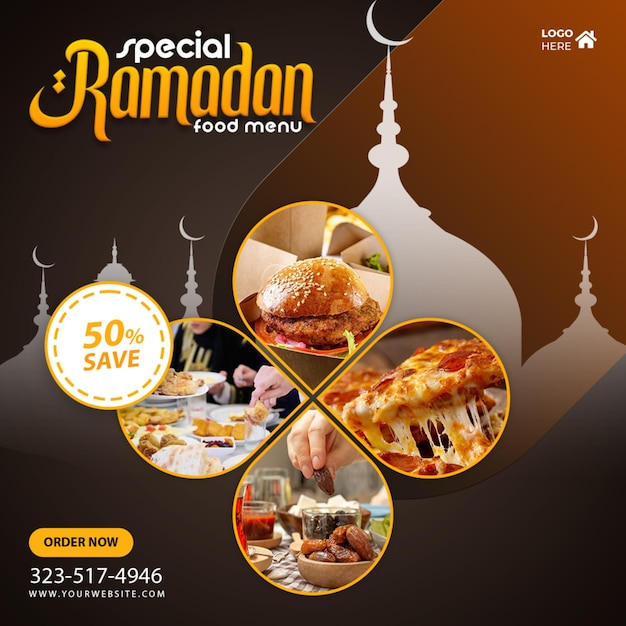 Modello di banner post sui social media di cibo Ramadan