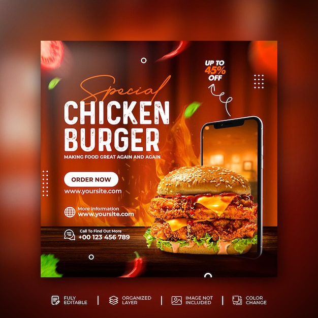 Modello di banner quadrato per la promozione dei social media con menu di hamburger e cibo delizioso PSD