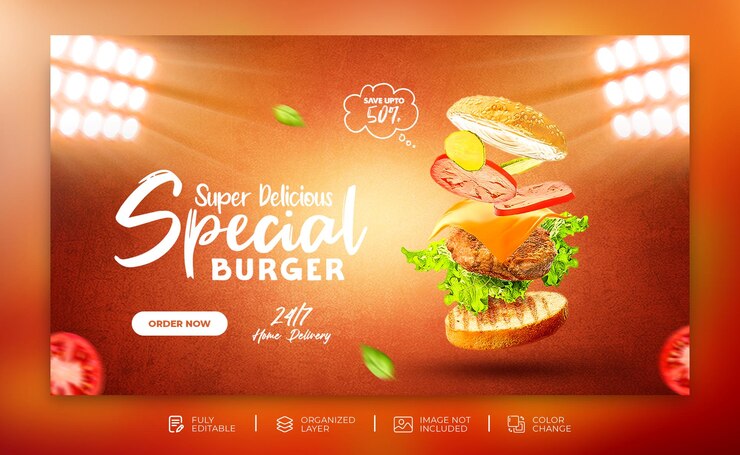 PSD modello di banner quadrato per la promozione dei social media con menu di hamburger e cibo delizioso psd