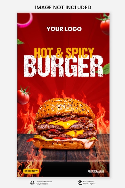 Modello di banner quadrato per la promozione dei social media del menu delizioso di hamburger e cibo