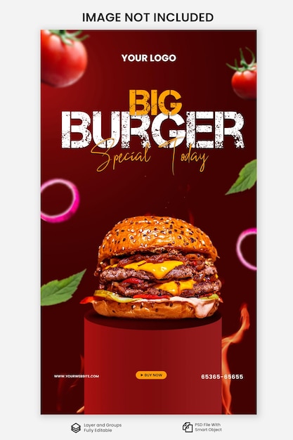 Modello di banner quadrato per la promozione dei social media del menu delizioso di hamburger e cibo