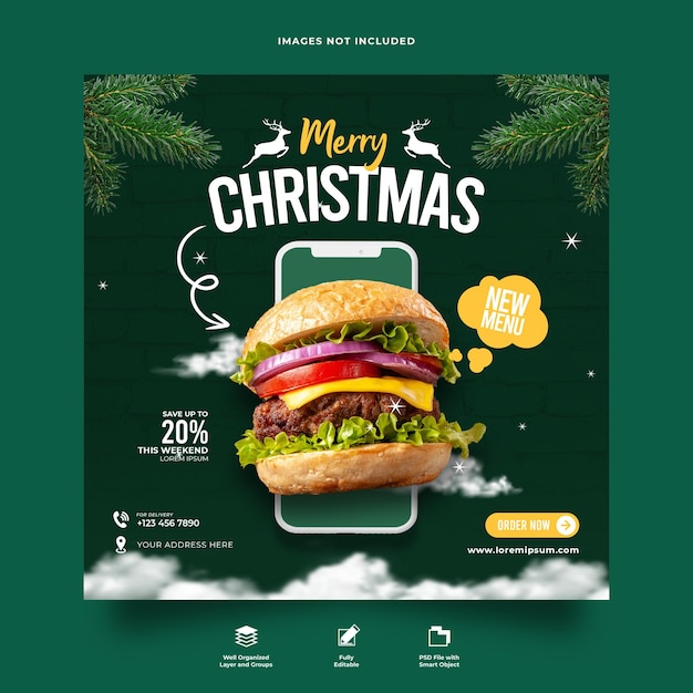 Modello di banner quadrato per post sui social media del menu del cibo del ristorante di Natale PSD