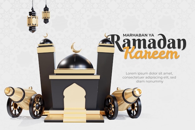 Modello di banner Ramadan con moschea 3d e canone