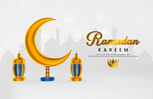 Modello di banner Ramadan Kareem con composizione creativa di oggetti 3d