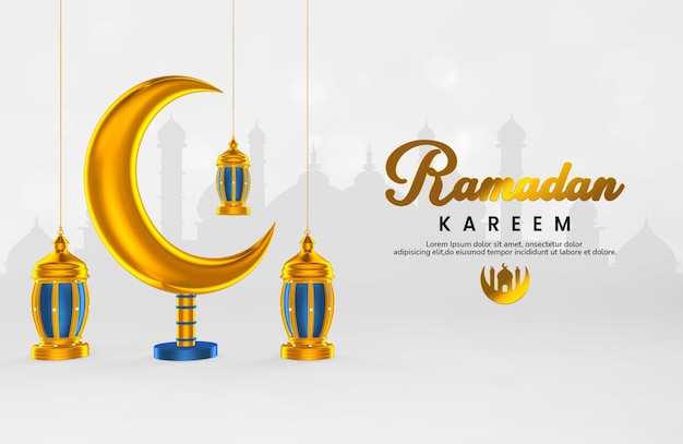 Modello di banner Ramadan Kareem con composizione creativa di oggetti 3d