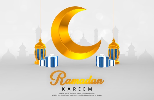Modello di banner Ramadan Kareem con composizione creativa di oggetti 3d