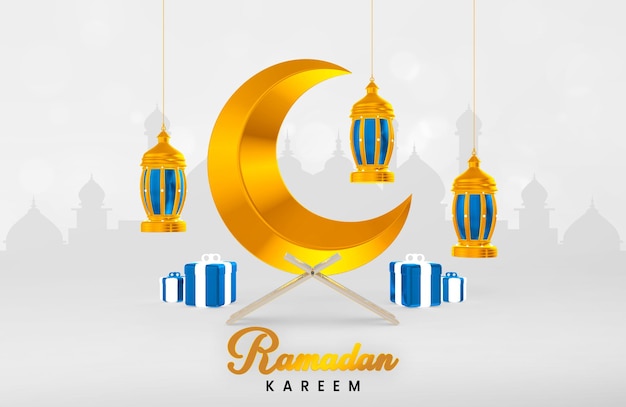 Modello di banner Ramadan Kareem con composizione creativa di oggetti 3d