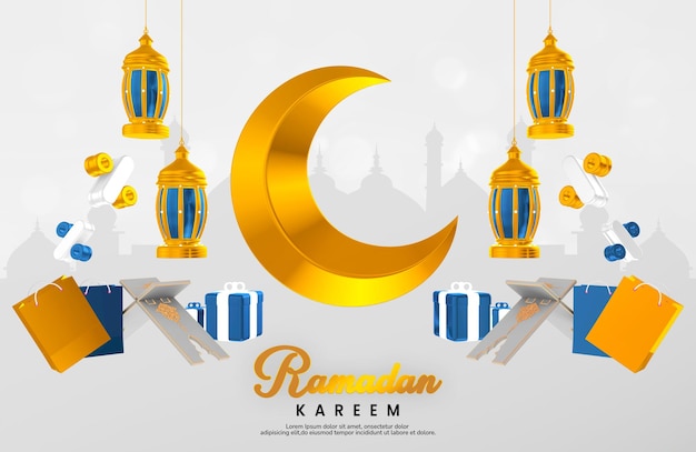 Modello di banner Ramadan Kareem con composizione creativa di oggetti 3d