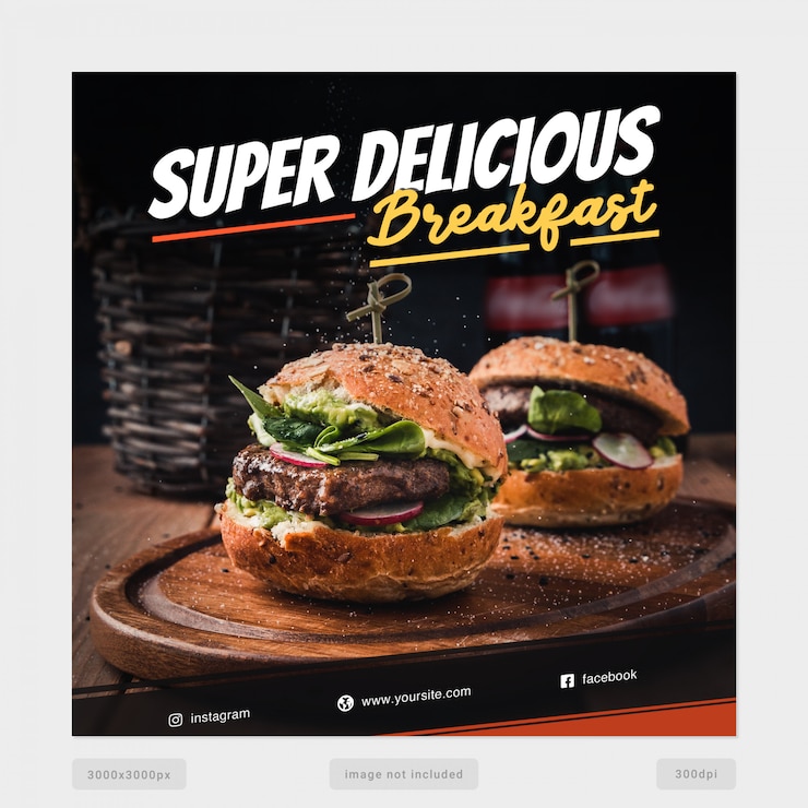 PSD modello di banner social media colazione super deliziosa