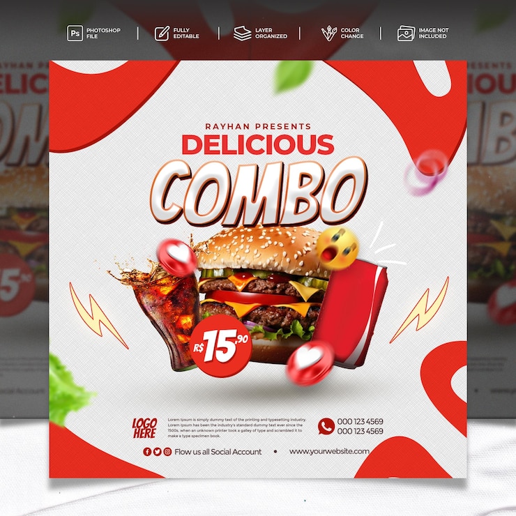 Modello di banner sui social media del menu del cibo per la promozione di hamburger sui social media