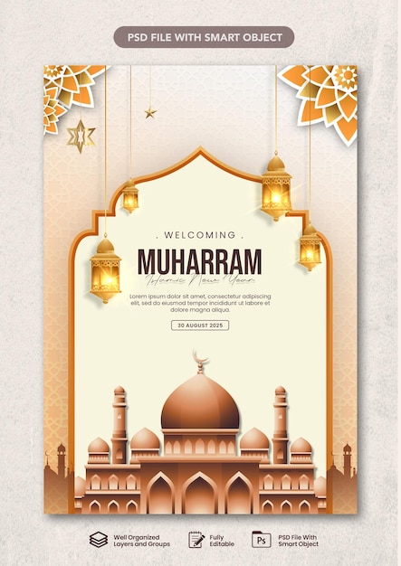 Modello di banner verticale per poster PSD con gradiente islamico di Capodanno