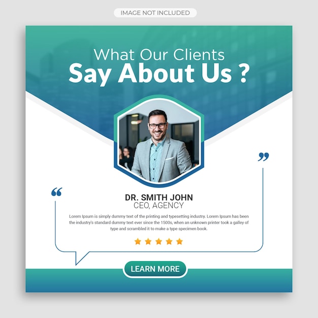 Modello di banner web per post sui social media con testimonianze di feedback dei clienti