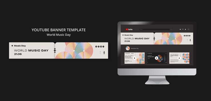 PSD modello di banner youtube orizzontale per la celebrazione della giornata mondiale della musica