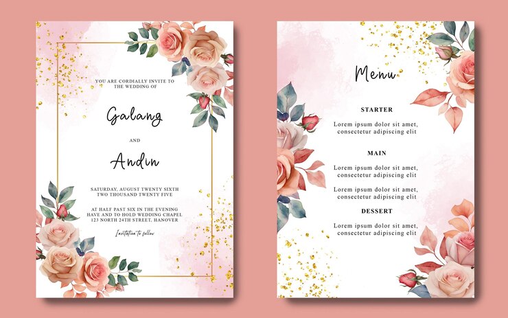 PSD modello di biglietto di invito a nozze con carta principale di rose acquerellate e carta del menu