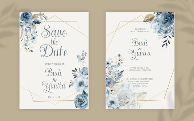 Modello di biglietto di invito a nozze double face PSD con eleganti rose blu polverose acquerellate
