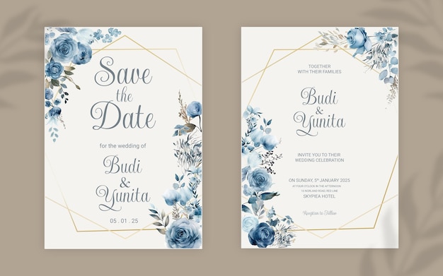 Modello di biglietto di invito a nozze double face PSD con eleganti rose blu polverose acquerellate