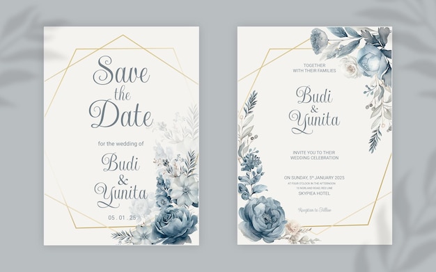 Modello di biglietto di invito a nozze double face PSD con eleganti rose blu polverose acquerellate