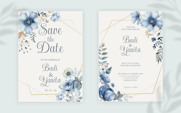 Modello di biglietto di invito a nozze double face PSD con eleganti rose blu polverose acquerellate