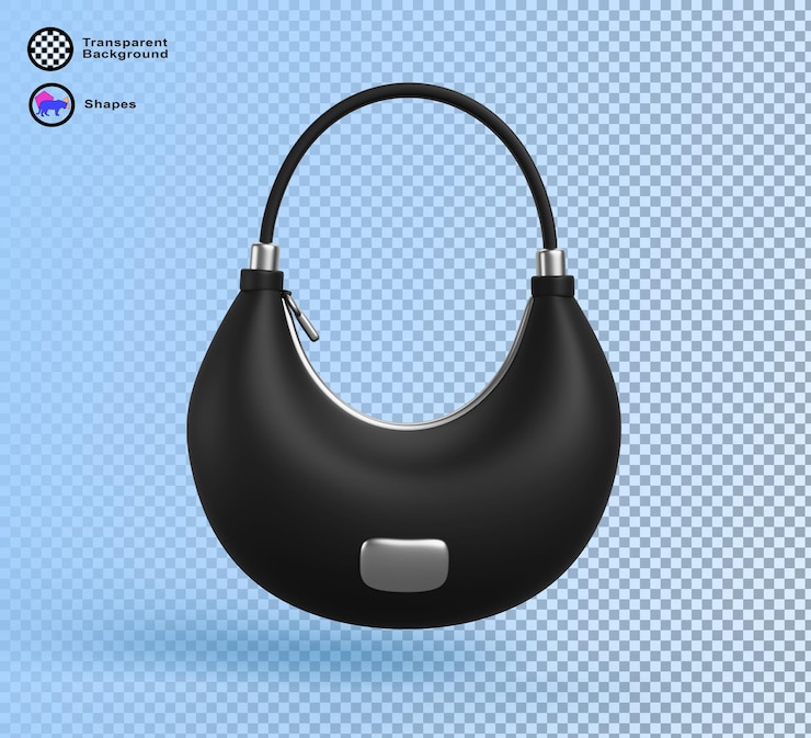 PSD modello di borsa per donne nere 3d borsa piccola in pelle elegante con cerniera in metallo accessoire per ragazze di moda di forma arrotondata originale borsa femminile classica con manico iconica di rendering dei cartoni animati