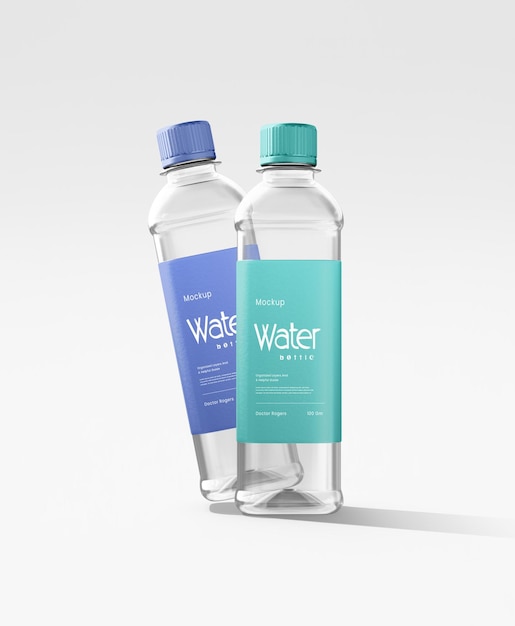 Modello di bottiglia d'acqua con etichette blu e verde verde