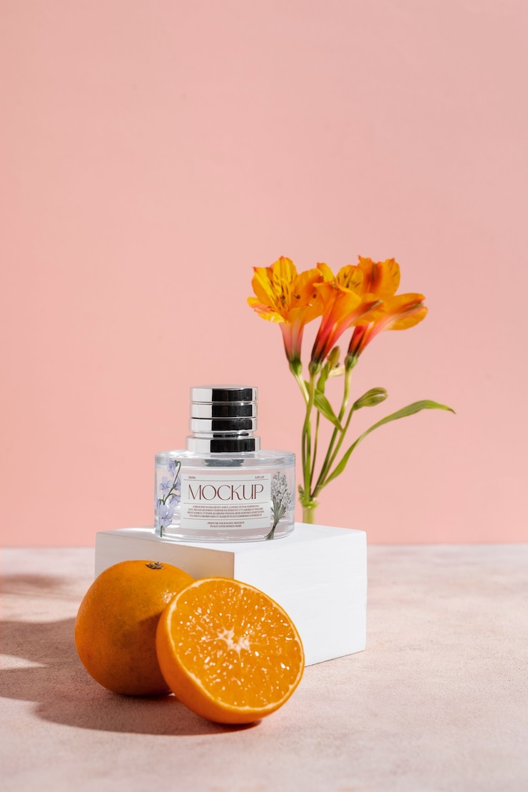 PSD modello di bottiglia di profumo di frutta