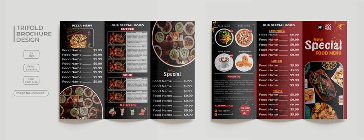 PSD modello di brochure a tre ante per ristorante con menu di cibo