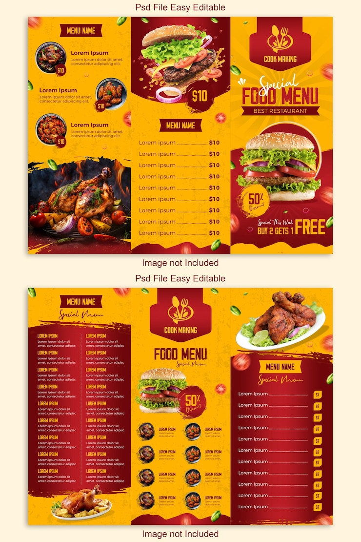 PSD modello di brochure a tre ante per scheda menu cibo