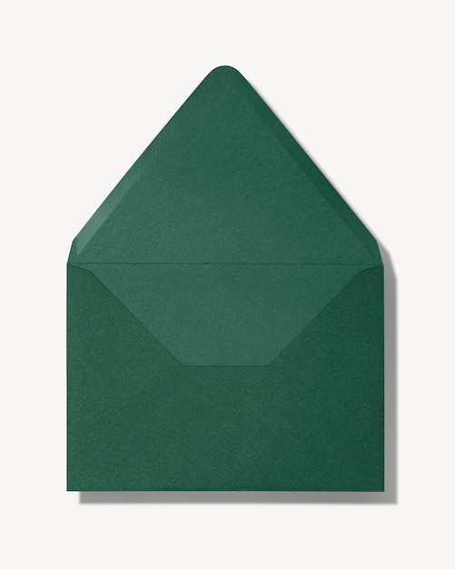 Modello di busta verde di articoli di cancelleria flat lay design psd