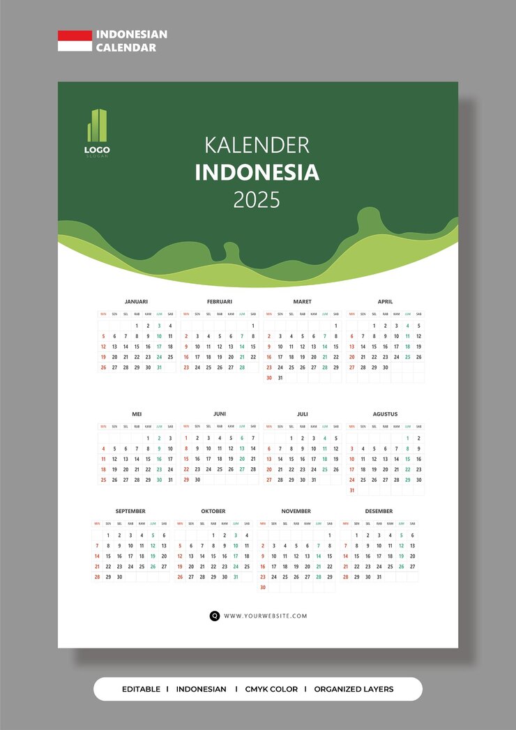 modello di calendario indonesiano 2025 con forma di ritaglio