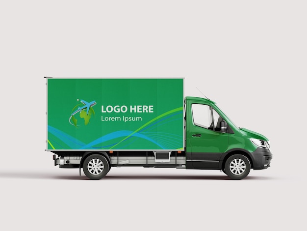 Modello di camion di consegna verde con il marchio dell'azienda sull'etichetta warping laterale