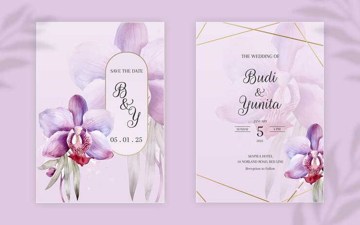Modello di carta dell'invito di nozze dell'acquerello con bellissimi fiori di orchidea